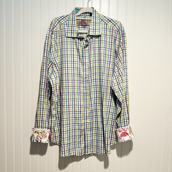 Robert Graham Plaid Grid Button Up Shirt Flip Cuffs Mens 2X - Picture 1 of 9